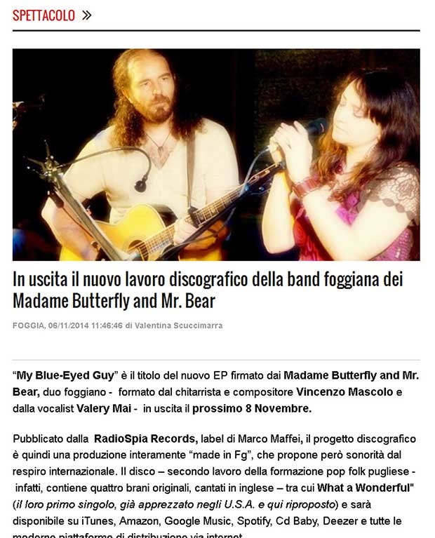 Teleradioerre - 06/11/2014 - In uscita il nuovo lavoro discografico della band foggiana Madame Butterfly and Mr. Bear