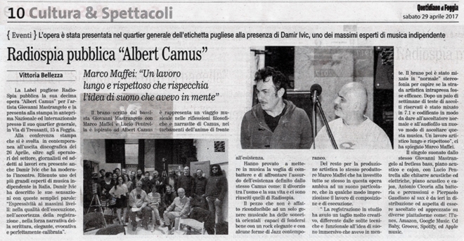Il Quotidiano di Foggia - 29/04/2017 - RadioSpia pubblica «Albert Camus»