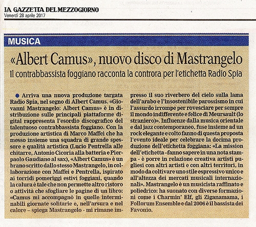 La Gazzetta del Mezzogiorno - 28/04/2017 - Albert Camus, nuovo disco di Mastrangelo